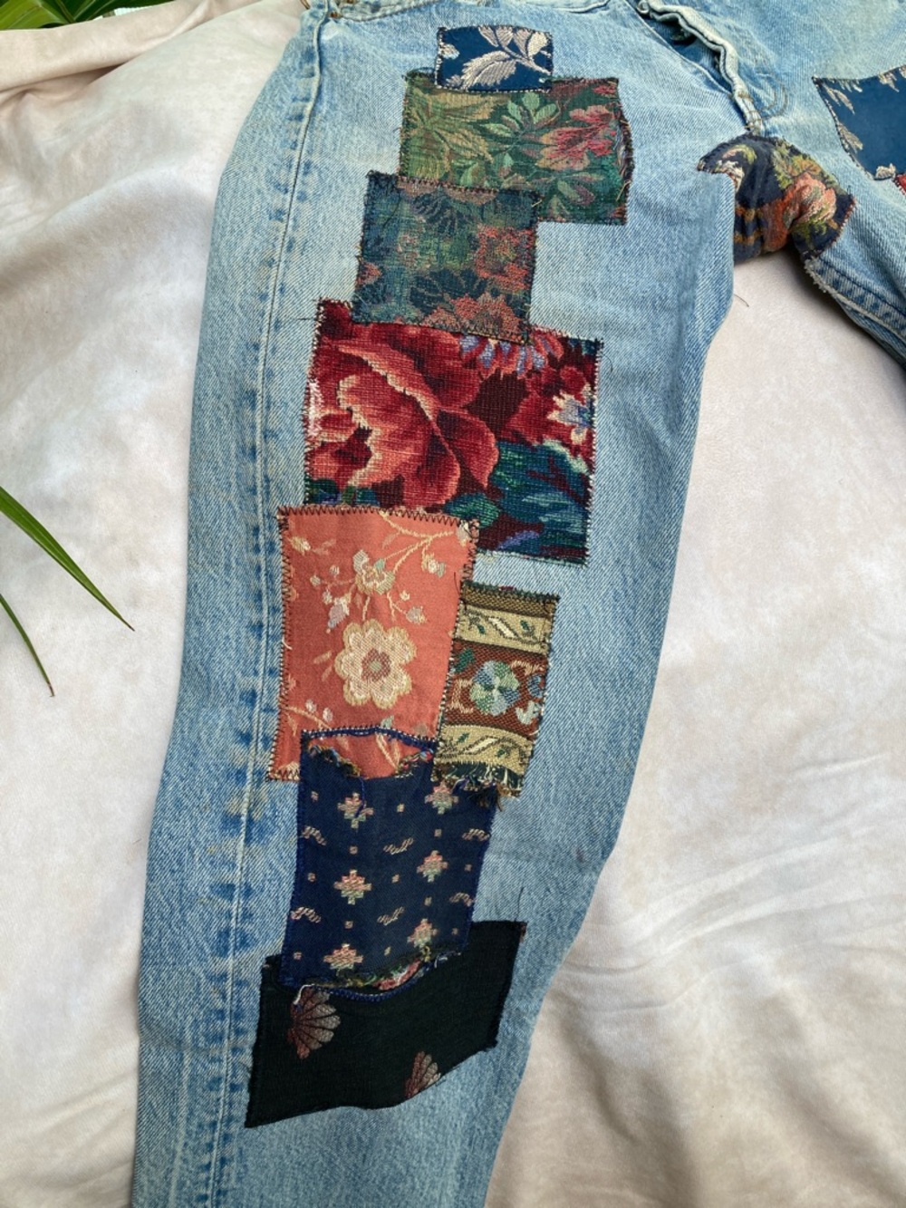 Levi's Light Wash Straight Leg Jeans with Multicolor Patchwork. Vintage 80’s - Picture 3 of 12